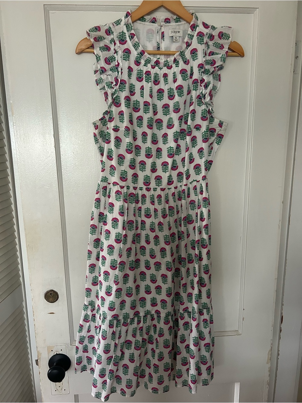 J. Crew White Ruffle-Sleeve Midi Dress with Pink & Green Leaf Print